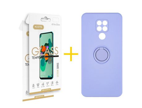 Pack 2 X Protector de Vidrio Templado 2.5D + Funda ACCETEL para Xiaomi Redmi Note 9 Gel O-Ring Morado