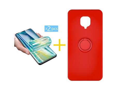 Pack 2 X Protector de Vidrio Templado Hidrogel + Funda ACCETEL para Xiaomi Redmi Note 9 Pro Gel O-Ring Rojo