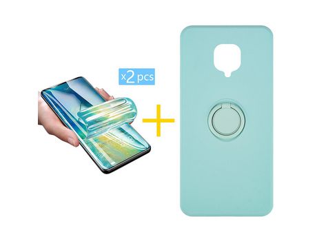 Pack 2 X Protector de Vidrio Templado Hidrogel + Funda ACCETEL para Xiaomi Redmi Note 9 Pro Gel O-Ring Verde-Agua