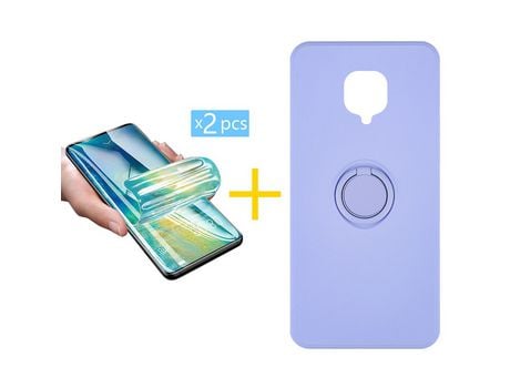 Pack 2 X Protector de Vidrio Templado Hidrogel + Funda ACCETEL para Xiaomi Redmi Note 9 Pro Gel O-Ring Morado