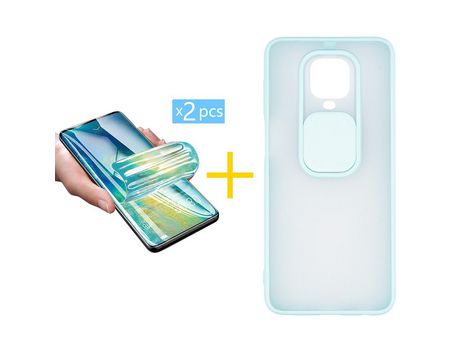 Pack 2 X Protector de Vidrio Templado Hidrogel + Funda ACCETEL para Xiaomi Redmi Note 9 Pro Gel Protección Cámara Verde-Mar
