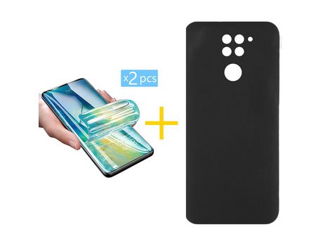 Pack 2 Películas + Funda SKYHE por Xiaomi Redmi Note 9 Silicona Líquida Negro