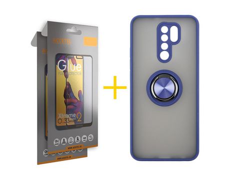 Pack 2 X Protector de Vidrio Templado Full + Funda ACCETEL para Xiaomi Redmi 9 Gel Bumper con Anillo Azul