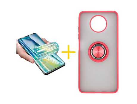 Pack 1 Película + Funda SKYHE por Xiaomi Redmi Note 9T Gel Bumper con Anillo Rojo