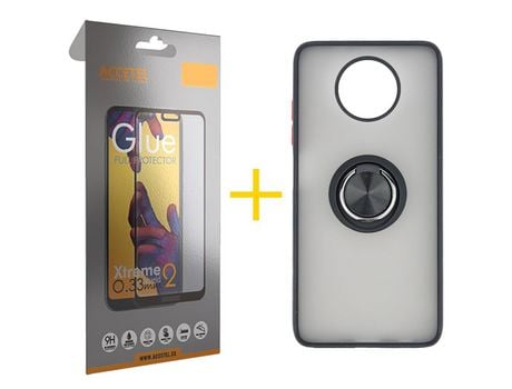 Pack 1 X Protector de Vidrio Templado Full + Funda ACCETEL para Xiaomi Redmi Note 9T Gel Bumper con Anillo Negro