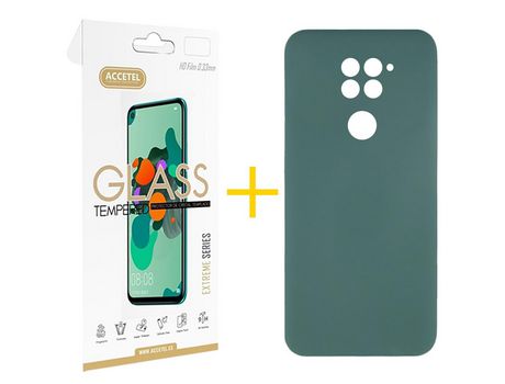 Pack 1 X Protector de Vidrio Templado 2.5D + Funda ACCETEL para Xiaomi Redmi Note 9 Silicona Líquida Verde