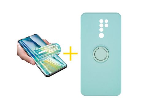 Pack 1 X Protector de Vidrio Templado Hidrogel + Funda ACCETEL para Xiaomi Redmi 9 Gel O-Ring Verde-Agua