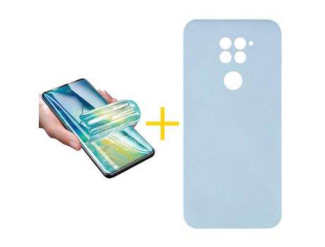 Pack 1 X Protector de Vidrio Templado Hidrogel + Funda ACCETEL para Xiaomi Redmi Note 9 Silicona Líquida Azul