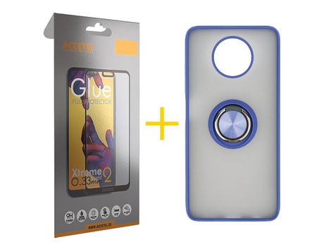 Pack 1 X Protector de Vidrio Templado Full + Funda ACCETEL para Xiaomi Redmi Note 9T Gel Bumper con Anillo Azul