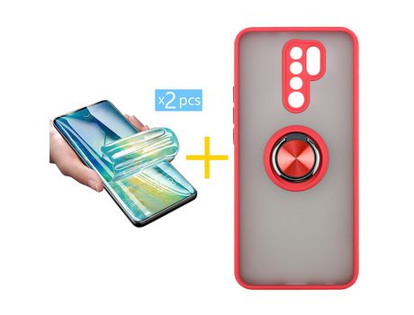 Pack 2 Películas + Funda SKYHE por Xiaomi Redmi 9 Gel Bumper con Anillo Rojo