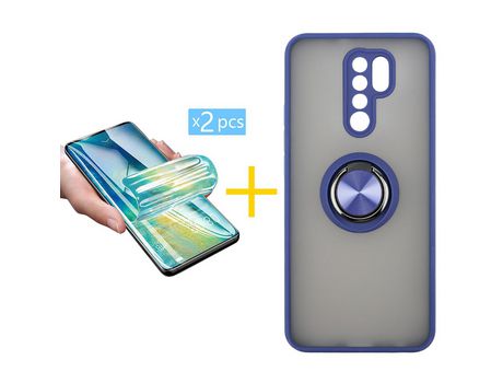 Pack 2 Películas + Funda SKYHE por Xiaomi Redmi 9 Gel Bumper con Anillo Azul