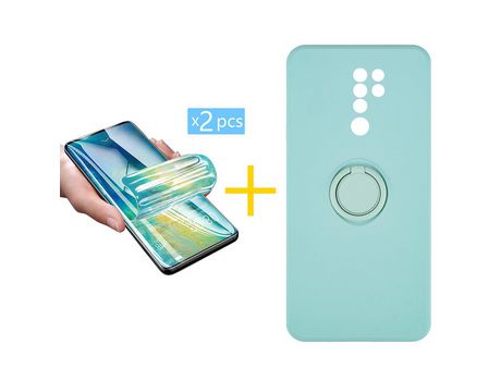 Pack 2 X Protector de Vidrio Templado Hidrogel + Funda ACCETEL para Xiaomi Redmi 9 Gel O-Ring Verde-Agua
