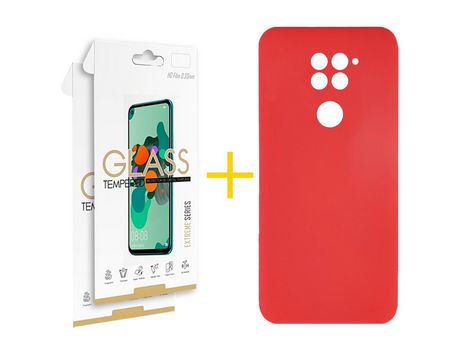Pack 2 Películas 2.5D + Funda SKYHE por Xiaomi Redmi Note 9 Silicona Líquida Rojo