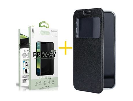 Pack 1 X Protector de Vidrio Templado Anti espía + Funda ACCETEL para Samsung Galaxy A70 Flip Cover Gandy Negro