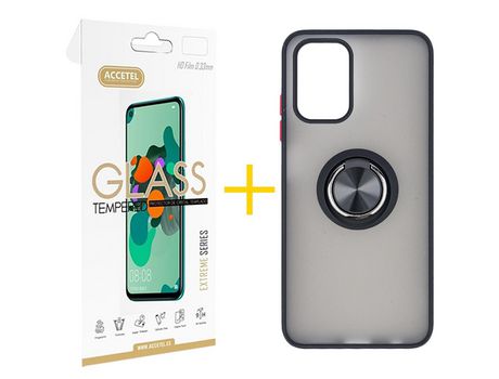 Pack 1 X Protector de Vidrio Templado 2.5D + Funda ACCETEL para Xiaomi Redmi Note 10S Gel Bumper con Anillo Negro