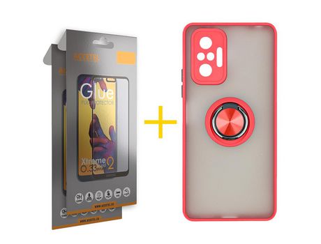 Pack 2 X Protector de Vidrio Templado Full + Funda ACCETEL para Xiaomi Redmi Note 10 Pro Gel Bumper con Anillo Rojo