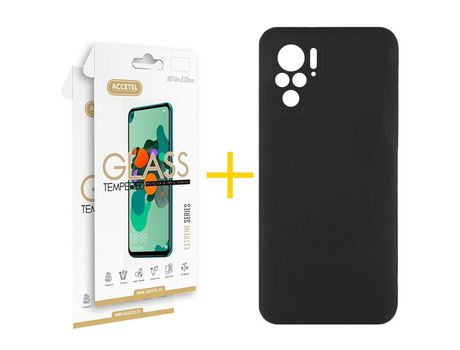 Pack 2 X Protector de Vidrio Templado 2.5D + Funda ACCETEL para Xiaomi Redmi Note 10 Pro Silicona Líquida Negro