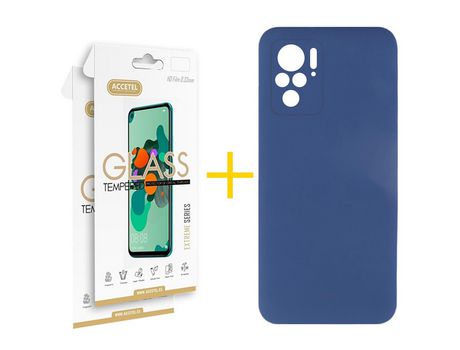 Pack 2 X Protector de Vidrio Templado 2.5D + Funda ACCETEL para Xiaomi Redmi Note 10 Pro Silicona Líquida Azul