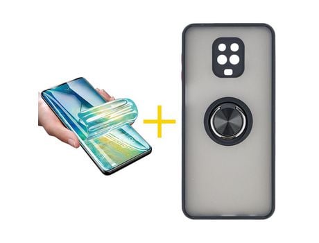 Pack 1 X Protector de Vidrio Templado Hidrogel + Funda ACCETEL para Xiaomi Redmi Note 9S Gel Bumper con Anillo Negro
