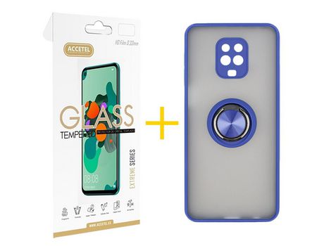 Pack 1 X Protector de Vidrio Templado 2.5D + Funda ACCETEL para Xiaomi Redmi Note 9S Gel Bumper con Anillo Azul