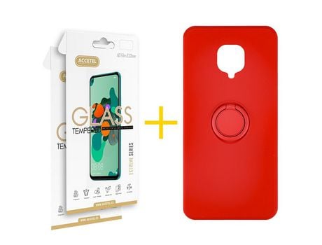 Pack 2 X Protector de Vidrio Templado 2.5D + Funda ACCETEL para Xiaomi Redmi Note 9 Pro Gel O-Ring Rojo