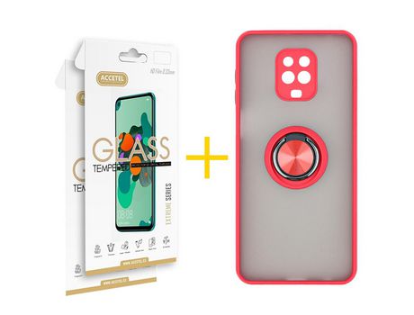 Pack 2 X Protector de Vidrio Templado 2.5D + Funda ACCETEL para Xiaomi Redmi Note 9 Pro Gel Bumper con Anillo Rojo