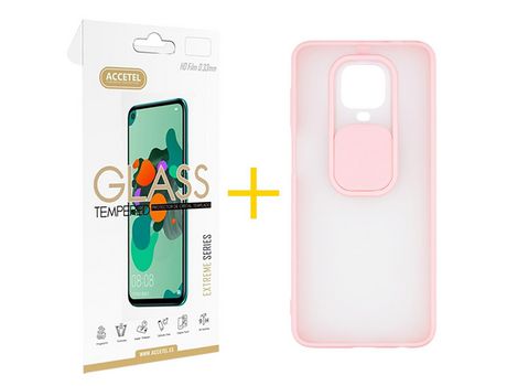 Pack 1 X Protector de Vidrio Templado 2.5D + Funda ACCETEL para Xiaomi Redmi Note 9 Pro Gel Protección Cámara Rosa