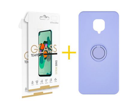 Pack 2 Películas 2.5D + Funda SKYHE por Xiaomi Redmi Note 9 Pro Gel O-Ring Morado