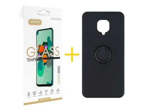 Pack 1 X Protector de Vidrio Templado 2.5D + Funda ACCETEL para Xiaomi Redmi Note 9 Pro Gel O-Ring Negro