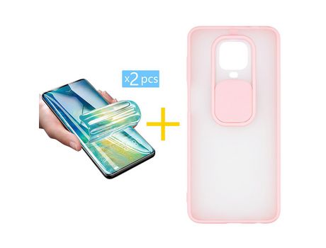 Pack 2 X Protector de Vidrio Templado Hidrogel + Funda ACCETEL para Xiaomi Redmi Note 9 Pro Gel Protección Cámara Rosa