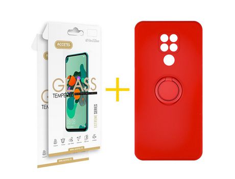 Pack 2 X Protector de Vidrio Templado 2.5D + Funda ACCETEL para Xiaomi Redmi Note 9 Gel O-Ring Rojo