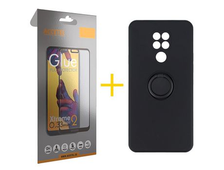 Pack 1 X Protector de Vidrio Templado Full + Funda ACCETEL para Xiaomi Redmi Note 9 Gel O-Ring Negro
