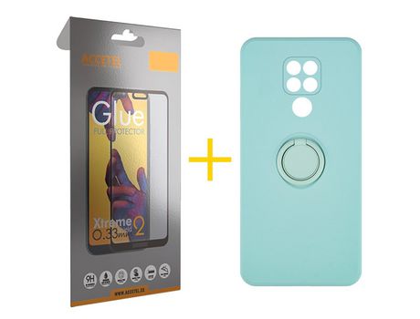 Pack 1 X Protector de Vidrio Templado Full + Funda ACCETEL para Xiaomi Redmi Note 9 Gel O-Ring Verde-Agua