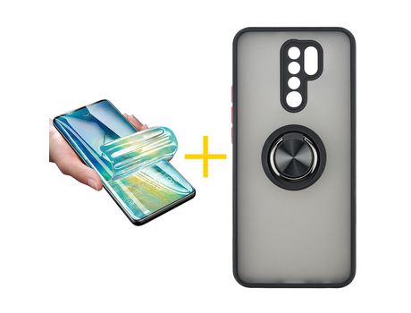 Pack 1 Película + Funda SKYHE por Xiaomi Redmi 9 Gel Bumper con Anillo Negro