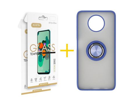 Pack 2 X Protector de Vidrio Templado 2.5D + Funda ACCETEL para Xiaomi Redmi Note 9T Gel Bumper con Anillo Azul