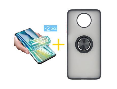 Pack 2 X Protector de Vidrio Templado Hidrogel + Funda ACCETEL para Xiaomi Redmi Note 9T Gel Bumper con Anillo Negro