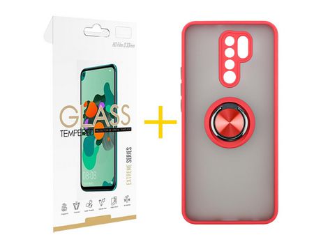 Pack 1 Película 2.5D + Funda SKYHE por Xiaomi Redmi 9 Gel Bumper con Anillo Rojo
