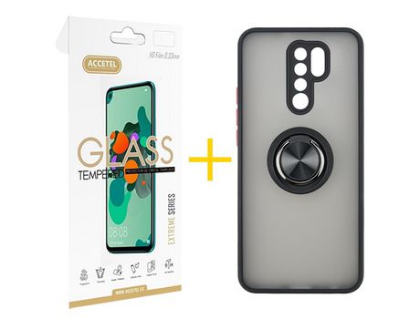 Pack 1 X Protector de Vidrio Templado 2.5D + Funda ACCETEL para Xiaomi Redmi 9 Gel Bumper con Anillo Negro