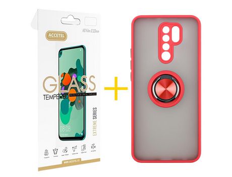 Pack 1 X Protector de Vidrio Templado 2.5D + Funda ACCETEL para Xiaomi Redmi 9 Gel Bumper con Anillo Rojo