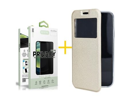 Juego 1 X Película de Vidrio Templado Antiespia y Funda ACCETEL por Apple iPhone 14 Flip Cover Gandy Oro