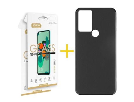 Pack 2 X Protector de Vidrio Templado 2.5D + Funda ACCETEL para TCL 306 Silicona Liso Negro
