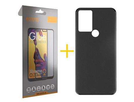 Pack 1 X Protector de Vidrio Templado Full + Funda ACCETEL para TCL 305 Silicona Liso Negro