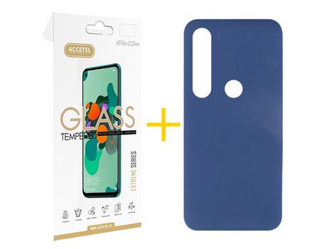 Pack 1 X Protector de Vidrio Templado 2.5D + Funda ACCETEL para Huawei P Smart 2019 Silicona Líquida Azul