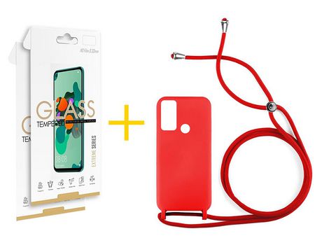 Pack 2 Películas 2.5D + Funda SKYHE por Huawei P Smart 2019 Gel con Cordón Rojo
