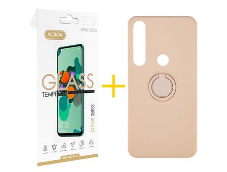 Pack 1 X Protector de Vidrio Templado 2.5D + Funda ACCETEL para Huawei P Smart 2019 Gel O-Ring Rosa Pastel