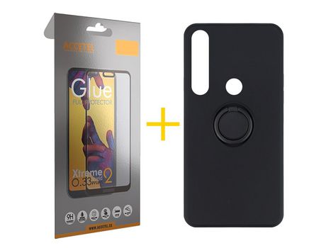 Pack 1 X Protector de Vidrio Templado Full + Funda ACCETEL para Huawei P Smart 2019 Gel O-Ring Negro