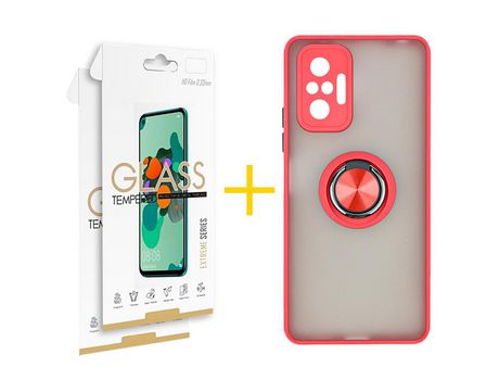 Pack 2 Películas 2.5D + Funda SKYHE por Xiaomi Redmi Note 10 Pro Gel Bumper con Anillo Rojo