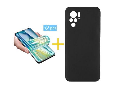 Pack 2 X Protector de Vidrio Templado Hidrogel + Funda ACCETEL para Xiaomi Redmi Note 10S Silicona Líquida Negro