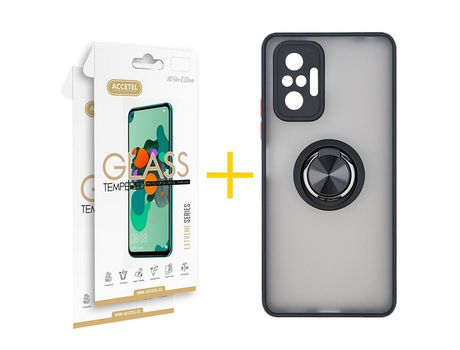 Pack 2 X Protector de Vidrio Templado 2.5D + Funda ACCETEL para Xiaomi Redmi Note 10 Pro Gel Bumper con Anillo Negro