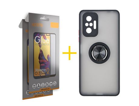Pack 2 X Protector de Vidrio Templado Full + Funda ACCETEL para Xiaomi Redmi Note 10 Pro Gel Bumper con Anillo Negro
